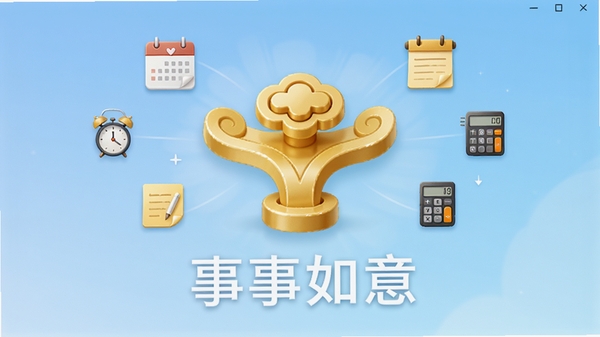 事事如意软件主界面预览，背景为淡蓝色渐变，中心位置显示一个立体感的金色如意图标，图标周围环绕着日历、闹钟、便签、计算器等小图标，下方有“事事如意”四个字，整体风格简洁明亮，现代感十足，适用于软件下载站横幅图