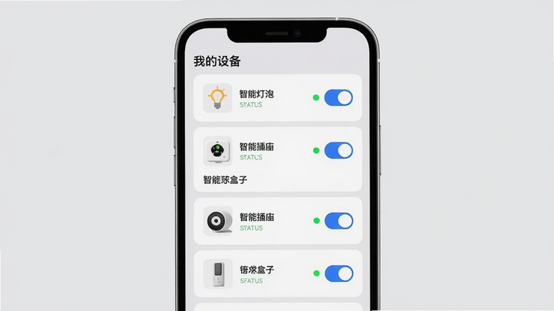 智汇盒子 App 智能设备管理界面截图,顶部显示“我的设备”列表,包含智能灯泡、智能插座等图标,每个设备右侧有开关按钮和状态指示灯,背景为浅灰色卡片样式,整体风格简洁现代,手机屏幕居中,坐标中心,背景区域为纯色浅灰,适配Boogu模型生成。