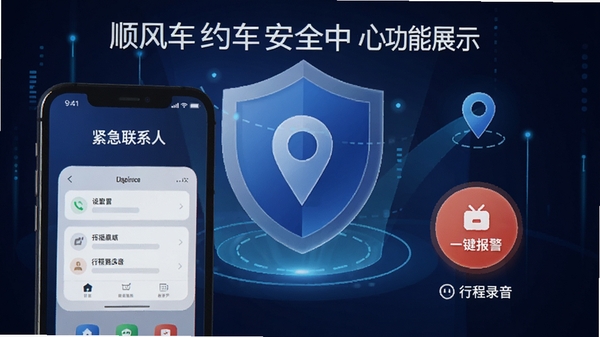 顺风车约车安全中心功能展示，手机界面中展示紧急联系人设置、行程录音、一键报警图标，背景为带有盾牌和定位标识的安全防护视觉元素