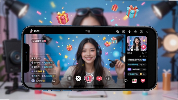 一张展示抖音直播伴侣软件核心界面的高清预览图,画面主体是手机横屏直播控制台,背景为虚化的直播间场景,包含礼物特效和弹幕互动元素,整体色调明亮,突出专业与便捷,风格写实,适配软件下载站封面展示
