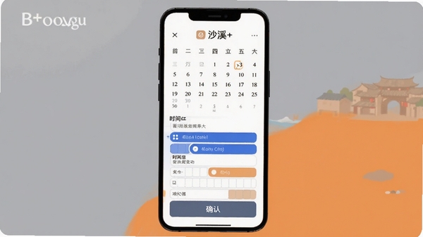 沙溪+预约功能界面示意图，画面展示日历选择器与时间槽位，有蓝色选中状态，手机界面下方有确认按钮，背景是柔和的灰色与橙色搭配，突出简洁易用的视觉风格，同时显示沙溪+应用名称，适合Boogu模型生成