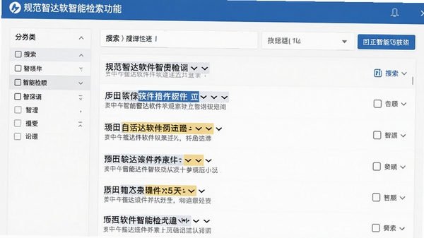 规范智达软件智能检索功能截图，展示搜索结果列表与关键词高亮效果，背景为白色，列表项清晰，左侧有分类筛选栏，整体界面干净整洁。