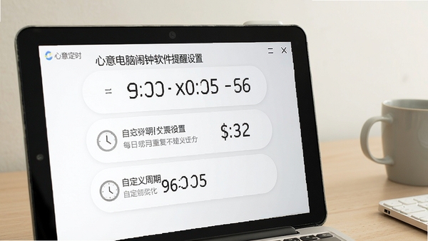 心意电脑闹钟软件提醒设置界面，显示多种定时模式选项，包括每日重复和自定义周期，背景为浅色桌面，画面简洁明了