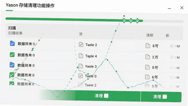 Yason存储清理功能操作截图,展示扫描结果列表和清理按钮,界面有绿色进度条和可勾选的文件类型图标,背景为浅灰色,突出数据对比效果