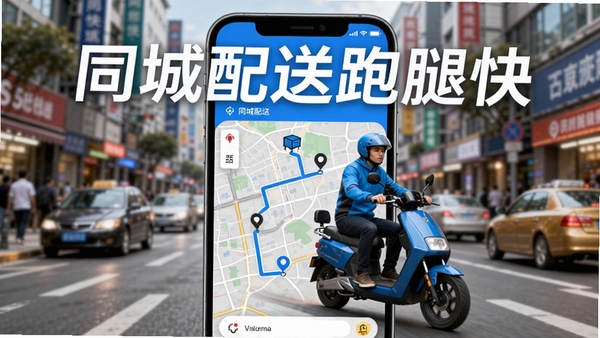 同城配送跑腿快主界面展示，手机屏幕内显示城市地图与配送路径，背景是模糊的繁华街道，一位骑手骑着电动车正在出发，整体风格明亮现代，突出高效与便捷，软件名称同城配送跑腿快醒目显示在屏幕上方