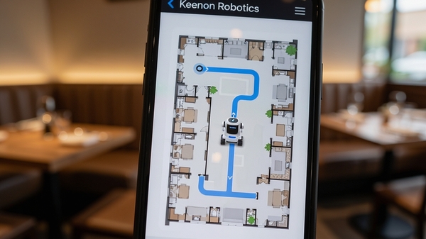 Keenon Robotics软件地图界面特写,手机屏幕上显示细腻的室内矢量地图,有蓝色的规划路径线条和移动的机器人图标,背景为模糊的餐厅座位区,整体画面色调柔和,突出科技感与实用性