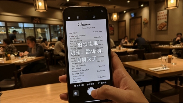 Chmu Translate 拍照翻译功能演示，手机对准外文菜单，屏幕显示叠加翻译文字，背景为餐厅环境，突出实用性与便捷性