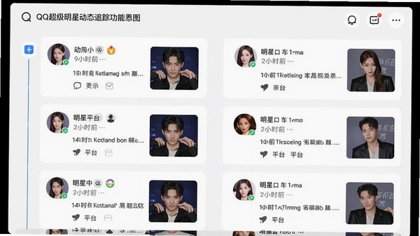 QQ超级明星动态追踪功能界面示意图,展示多位明星的动态时间线列表,每条动态附带发布时间、来源平台图标和缩略图,界面采用卡片式布局,信息清晰易读