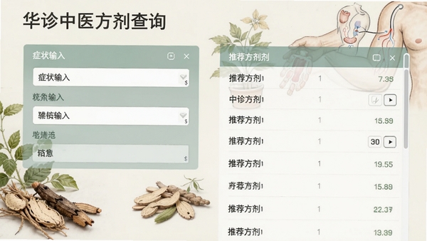华诊中医方剂查询界面截图,左侧显示症状输入框,右侧展示推荐方剂列表,背景有草药与脉诊图样,色彩淡雅,突出信息清晰易读。