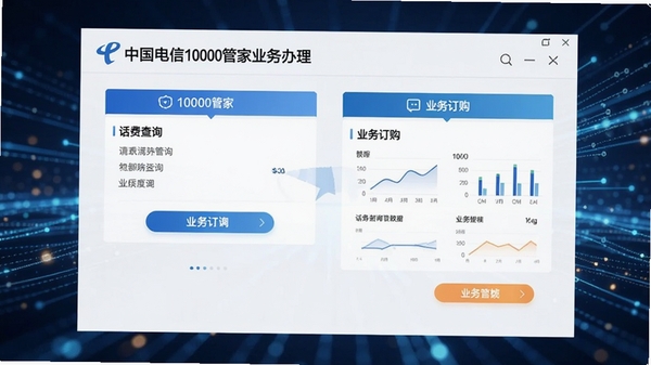 中国电信10000管家业务办理界面,展示话费查询和业务订购的清晰流程,图表数据直观显示,界面设计简洁,突出功能按钮,背景为抽象的科技光效,营造专业高效的氛围