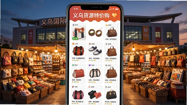 义乌货源特价购软件主界面展示，手机屏幕显示商品列表，背景为义乌国际商贸城外观，商品小商品琳琅满目，暖色调灯光，高清渲染，电商风格，包含软件名称义乌货源特价购