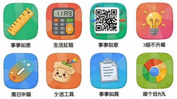 事事如意生活工具箱界面，九宫格布局展示各种小工具图标，包括尺子、计算器、二维码、灯泡等，每个图标下方有文字标签，背景为白色，图标色彩丰富，整体风格活泼，适合工具类软件展示