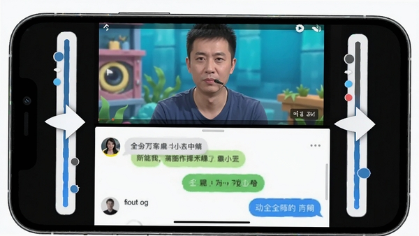全能分水王分屏功能操作示意图，手机屏幕被清晰地划分为上下两个区域，上方播放视频，下方显示聊天界面，两侧有调节比例的拖动条，画面色彩鲜明，动作指示明确