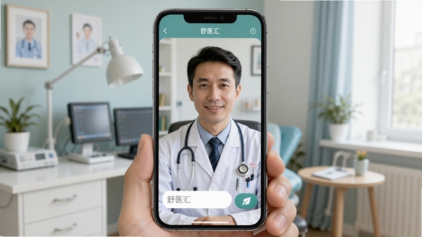 舒医汇在线问诊功能预览图,画面展示手机与医生的视频对话界面,医生穿着白大褂,背景为诊室,手机界面有输入框和发送按钮,色彩自然,体现远程医疗的便捷性