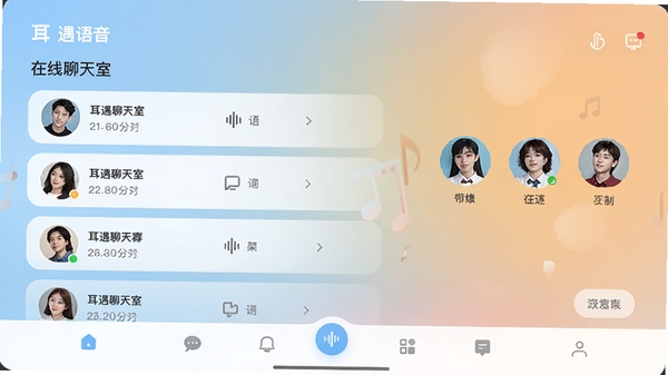 耳遇语音主界面预览图,展示语音聊天室列表、在线好友头像与底部导航栏,背景为柔和的渐变色,画面清晰明亮,突出社交氛围,整体风格现代简洁