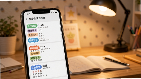 作业答案批改APP错题本界面，手机屏幕上显示按科目分类的错题列表，背景是学习桌和台灯，画面温馨写实，突出整理功能，主体为手机，背景虚化