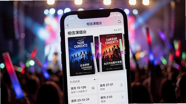 一张手机屏幕特写,屏幕上清晰显示相信演唱会的APP主界面,界面中展示着热门演唱会海报和日期列表,背景是模糊的演唱会现场灯光和挥舞的荧光棒,画面充满期待与热情的氛围,风格现代简洁,色彩鲜明,突出软件核心功能。