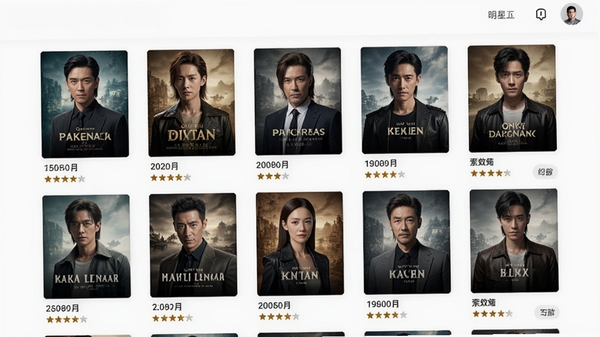 QQ超级明星影视作品索引功能预览图,画面展示某位明星的影视作品列表页,包含电影海报封面、角色名称、年份和评分信息,界面采用网格布局,视觉风格专业且具有设计感
