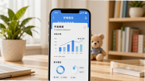 作业答案批改APP学情报告页面，手机屏幕上显示统计图表和家长管控选项，背景是家庭书房场景，画面明亮温馨，突出数据分析功能，主体为手机，背景有绿植点缀