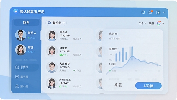 顺达通联宝应用主界面预览，展示其简洁的通讯管理功能布局，联系人列表清晰排列，背景为浅色渐变，突出软件的易用性和高效性。