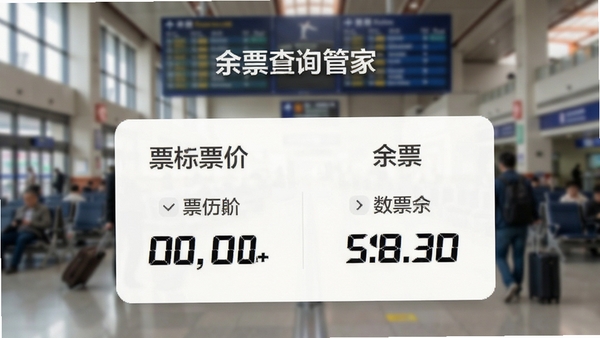 汽车票查询管家余票信息详情页,展示票价和余票数字,界面采用卡片式设计,数据字体加粗突出,背景为车站候车大厅的虚化效果,营造真实出行场景感