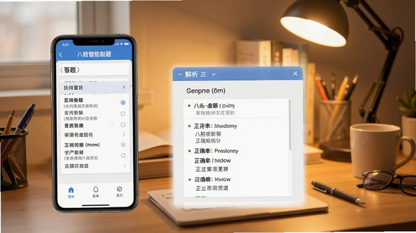 八股智能刷题界面，展示答题卡与解析页面，背景为暖色调书桌，手机屏幕中显示题目选项与正确率统计