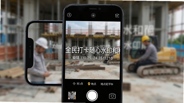 全民打卡随心水印相机主界面预览图,手机屏幕内显示简洁的拍摄界面,包含时间、地点、经纬度水印编辑选项,背景为一张带有清晰水印的工程现场照片,画面主体是手机设备,背景区域虚化突出水印文字效果,整体风格写实清晰