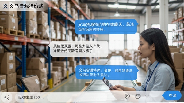 义乌货源特价购在线聊天界面，买家与卖家沟通商品细节，对话气泡清晰，背景有工厂货架，自然光，商务风格，软件名称义乌货源特价购