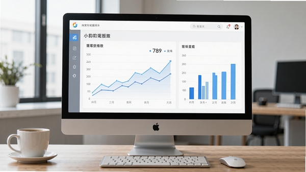 小豹豹商户端数据报表界面，展示折线图和柱状图，背景为办公室电脑和咖啡杯，突出数据化经营氛围