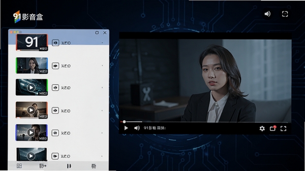 91影音盒主界面预览图，展示其简洁的视频列表布局与高清播放画面，背景为深色科技感氛围，强调软件的流畅与专业