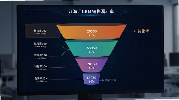 江海汇CRM销售漏斗图表，展示不同阶段的客户数量与转化率，色彩渐变，数据清晰，背景为深色系，突出数据分析的效果