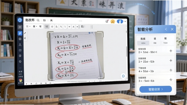 批改邦AI识别功能展示图,屏幕中显示数学作业被扫描后自动标注红圈和批注,旁边悬浮着智能分析结果面板,背景是教室或书房场景,画面科技感与教育感融合,包含批改邦界面元素