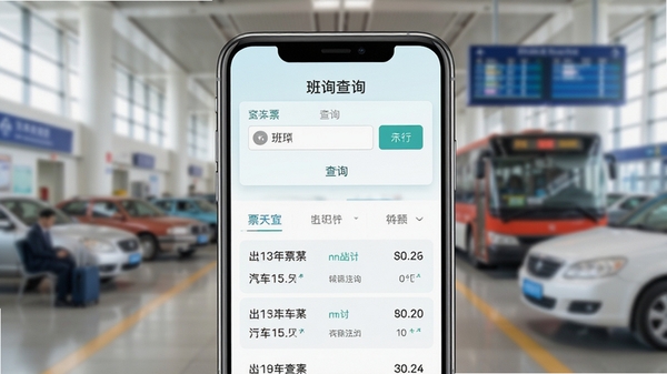 汽车票查询管家软件主界面预览图,展示简洁的查询框,背景为模糊的汽车客运站场景,前景突出手机屏幕上的班次列表信息,整体色调清新明亮,体现高效便捷的出行查询服务