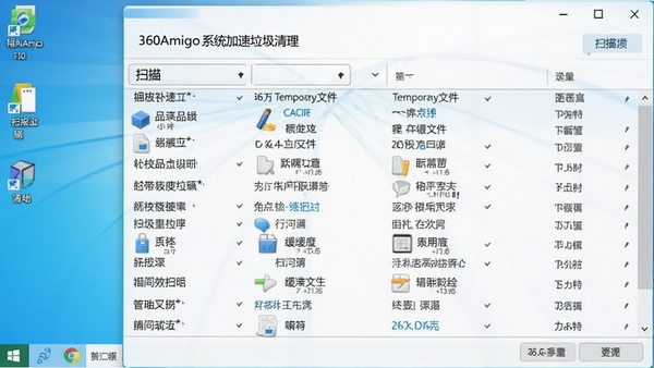 360Amigo系统加速垃圾清理界面，显示扫描出的各类垃圾文件列表，包含临时文件、缓存文件等，背景为干净的电脑桌面，色调明亮