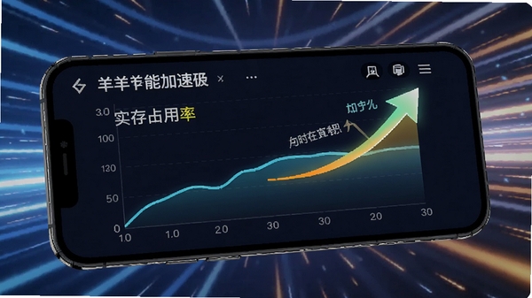 羊羊高手智能加速功能运行界面，手机屏幕显示内存占用率的实时变化曲线，背景有速度线特效，突出性能提升