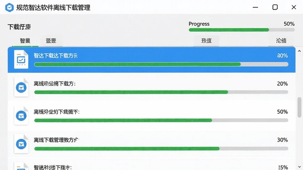 规范智达软件离线下载管理界面，展示下载列表与进度条，背景为浅灰色，有多个文件正在下载，界面简洁，进度条清晰可见。