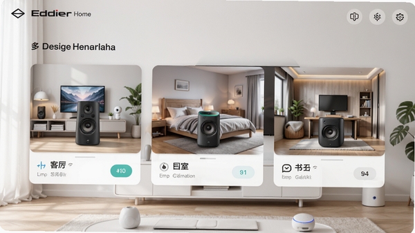 Edifier Home多设备管理界面截图,同时显示三款不同型号的漫步者音箱卡片,分别标注客厅、卧室、书房,背景为简洁的智能家居环境,画面明亮,UI设计现代。