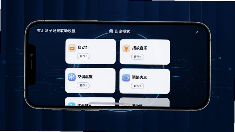 智汇盒子场景联动设置界面,展示“回家模式”编辑页面,包含自动开灯、播放音乐、调整空调温度等动作卡片,背景为深色科技蓝,卡片为白色,整体时尚酷炫,手机屏幕居中,坐标中心,背景区域为深蓝色渐变,适配Boogu模型生成。