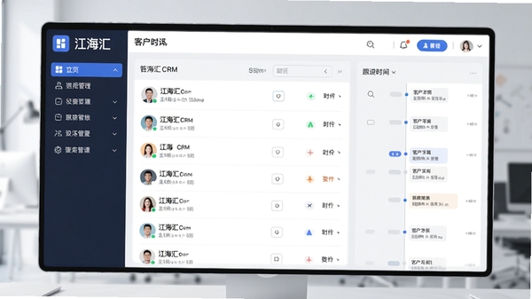 江海汇CRM主界面预览图，左侧功能导航栏，右侧客户列表与跟进时间线，现代简约风格，浅色背景，高清细节