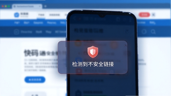 扫一扫二维码快码通安全检测功能示意图,手机屏幕上显示一个带盾牌图标的警告弹窗,提示“检测到不安全链接”,背景是模糊的网页界面,整体色调偏冷,突出安全警示氛围