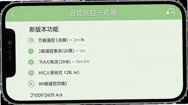 生成一张手机截图风格的图片，显示万能遥控一点通的更新日志界面，背景为淡绿色，文字清晰，突出新版本功能列表，风格简洁明快。