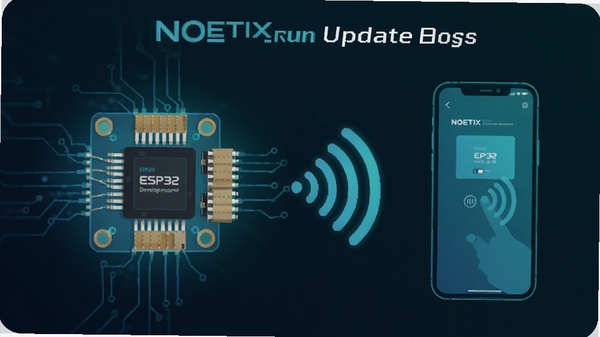 NOETIX Run 更新日志配图,展示新版本支持的ESP32开发板与手机连接示意图,画面风格为简洁的科技插画风,突出芯片与无线信号的元素,色调以蓝绿色为主