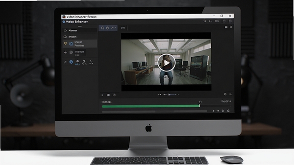 Video Enhancer 软件主界面预览图，展示其视频导入与预览窗口布局，背景为深色专业剪辑风格，画面中有一台运行Video Enhancer软件的电脑显示器，屏幕显示软件主操作界面，包含菜单栏、视频预览区与处理进度条，整体风格写实清晰，突出软件的专业性与易用性