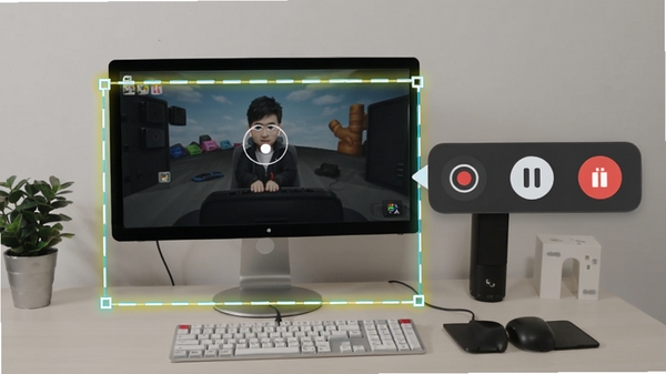 绘声绘色-D2屏幕录制功能操作示意图，画面中显示一个高亮的矩形选区框覆盖在桌面上，旁边有浮动控制条，包含录制、暂停与停止按钮