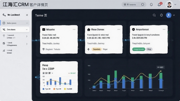 江海汇CRM客户详情页时间轴视图，包含电话记录、会议摘要、任务提醒卡片，界面整洁，数据可视化图表点缀