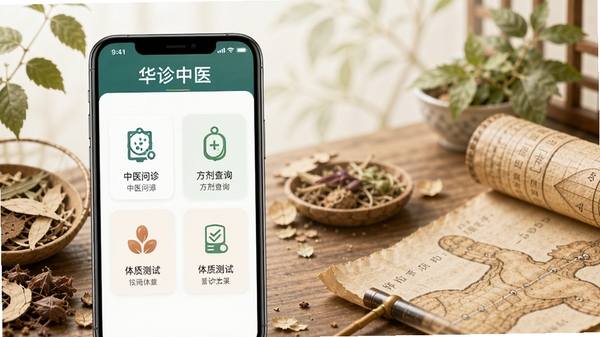 华诊中医主界面展示,手机屏幕中显示中医问诊、方剂查询、体质测试等功能模块,背景为柔和的中草药与古典医学元素,整体风格清新专业,符合移动医疗应用气质。