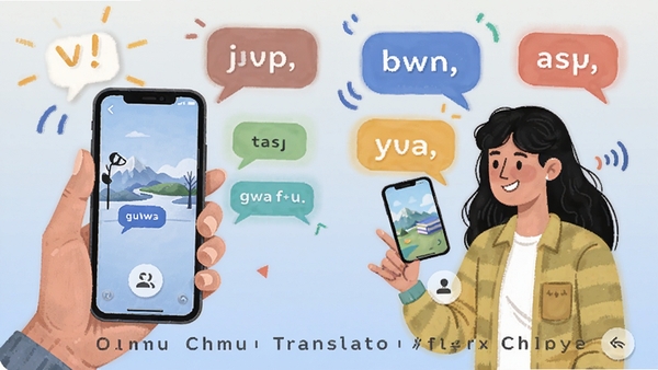Chmu Translate 对话翻译模式界面，两人手持手机对话，背景有语言气泡，风格活泼，体现实时翻译功能