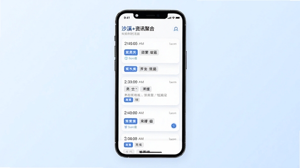 沙溪+资讯聚合页面预览图，展示多条通知卡片整齐排列，每张卡片上有时间戳和分类标签，界面以白色为底搭配蓝色点缀，手机屏幕居中展示，背景为淡蓝色渐变，整体风格干净利落，适配Boogu图像生成模型