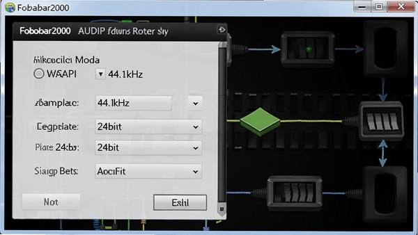 Foobar2000 输出设备设置面板，显示 WASAPI 独占模式选项，采样率 44.1kHz 与 24bit 位深参数，背景为音频路由示意图