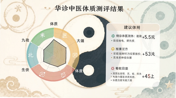 华诊中医体质测评结果页面,显示九种体质雷达图与建议内容,背景有阴阳五行元素,配色柔和,数据可视化直观。
